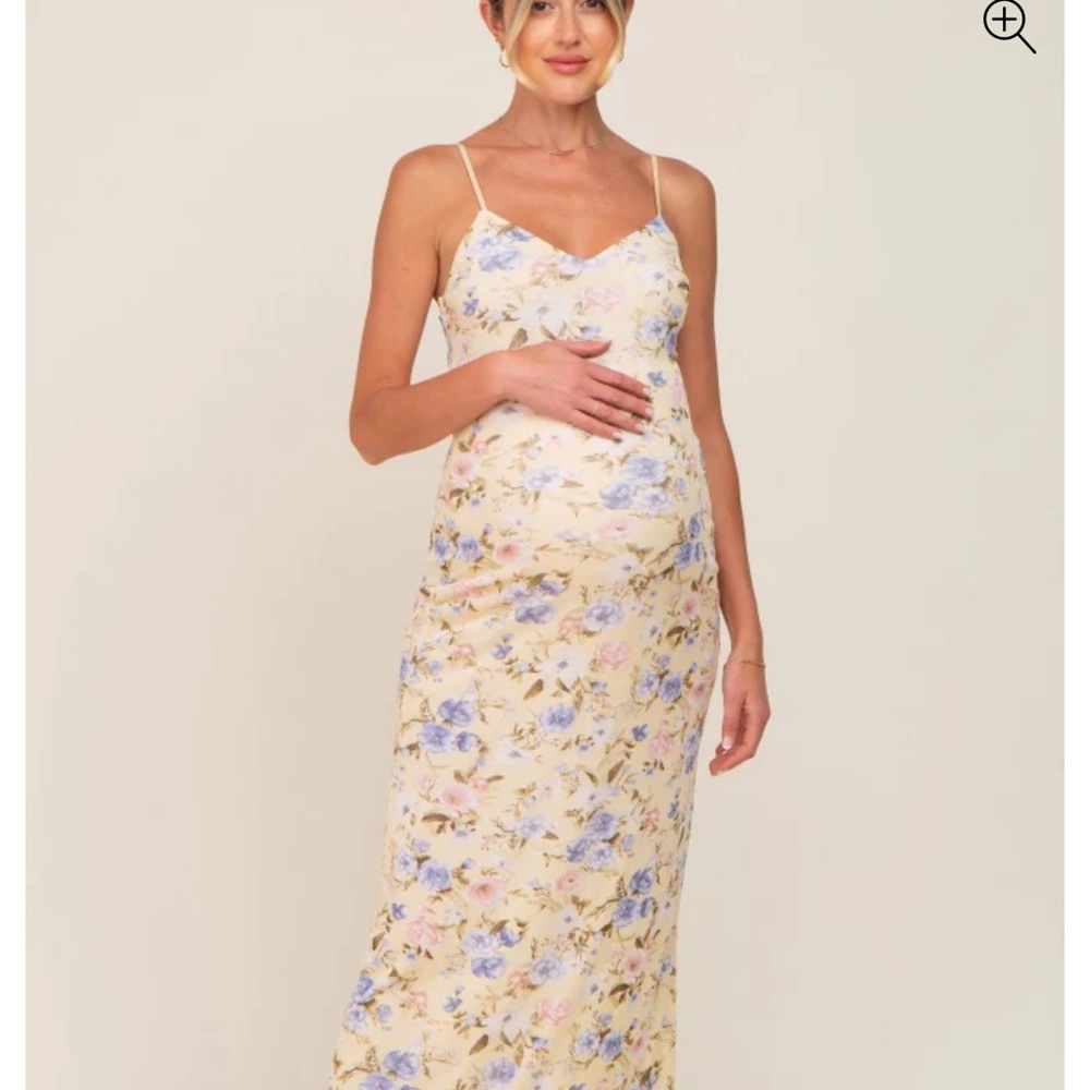 Pink blush Yellow Floral Mesh V-Neck Maternity Maxi Dress